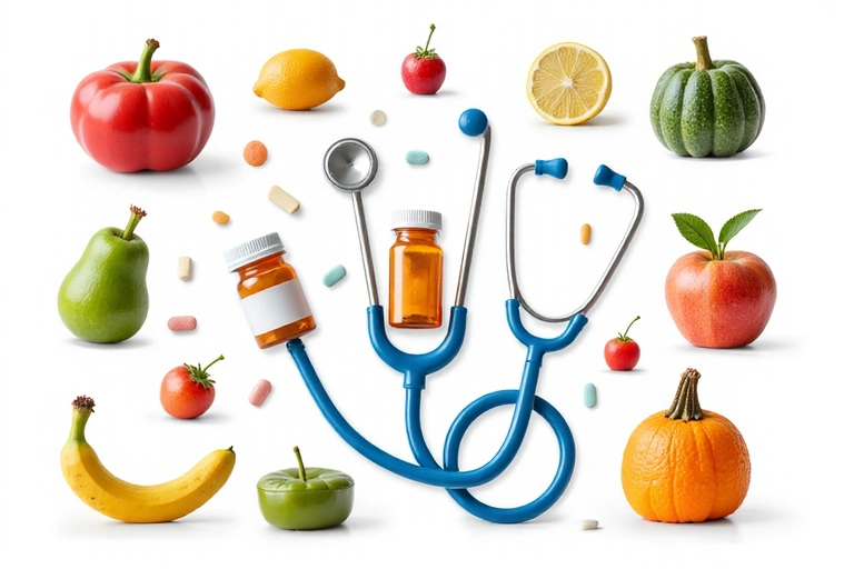 Eine Illustration von medizinischen Symbolen wie Stethoskop und Medikamentenflaschen, kombiniert mit gesunden Lebensmitteln wie Obst und Gemüse, die eine therapeutische Ernährung darstellen.