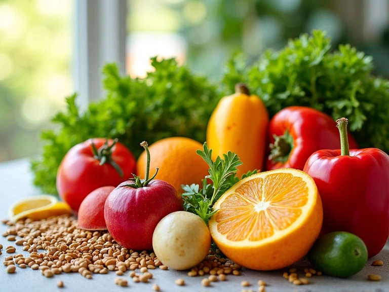 Eine lebendige Komposition aus frischen Früchten, Gemüse und Getreidekörnern, die Gesundheit und Vitalität symbolisiert.